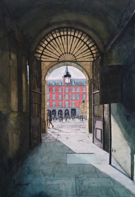 Entrada a la Plaza Mayor, Madrid |Pintura de Pedro Higueras | Compra arte en Flecha.es