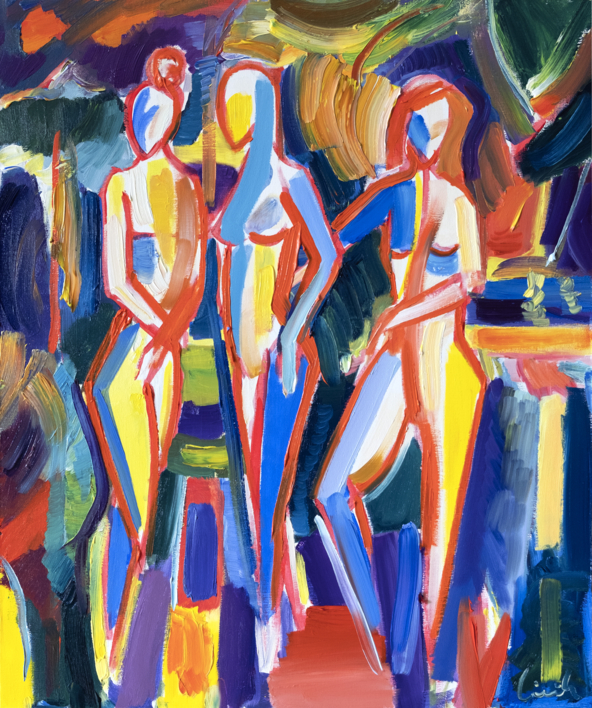 Tres chicas. Desnudo en el jardin |Pintura de Maciej Cieśla | Compra arte en Flecha.es