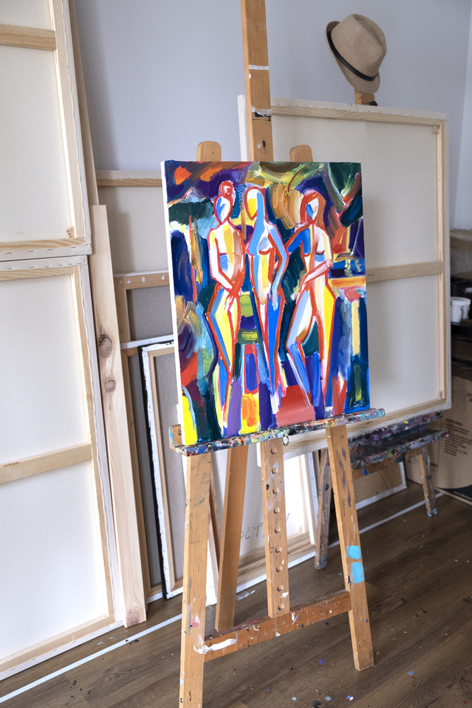 Tres chicas. Desnudo en el jardin | Pintura de Maciej Cieśla | Compra arte en Flecha.es