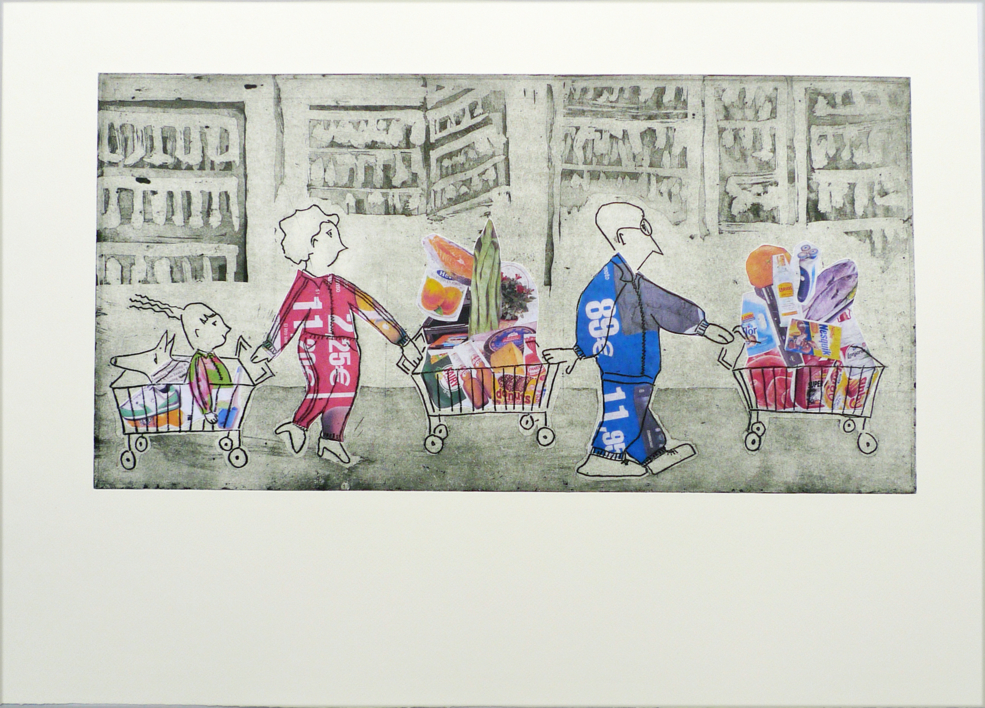 LA COMPRA EN CARREFOUR - Serie FELIZ DOMINGO |Obra gráfica de Ana Valenciano | Compra arte en Flecha.es