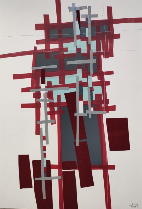 Ciudad vinotinto en caos |Collage de Fabiana Zapata | Compra arte en Flecha.es