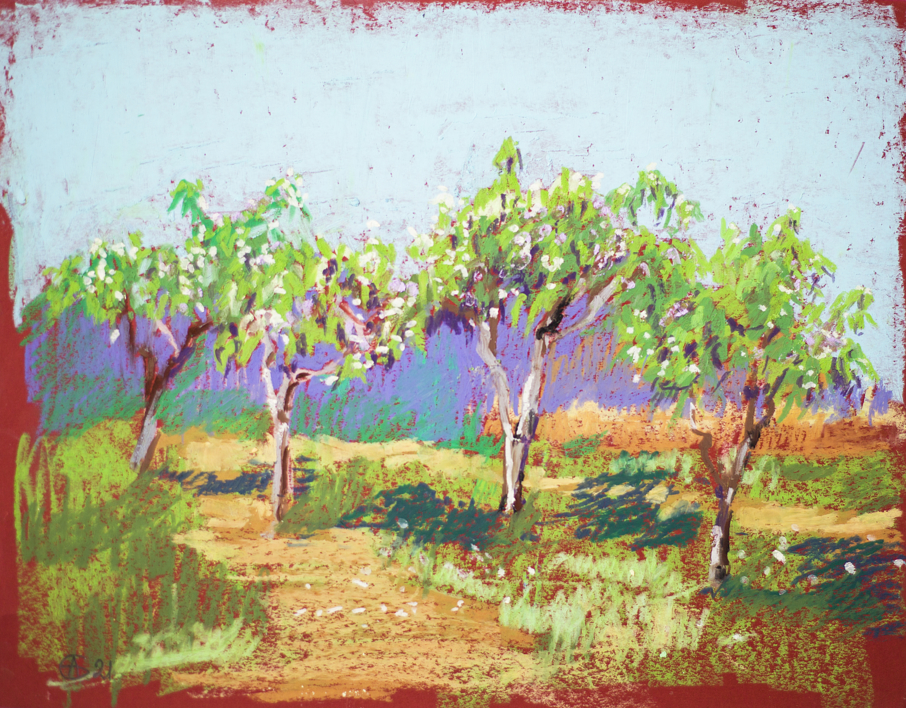 APPLE GARDEN. SUNNY URBAN NATURAL IMPRESSIONISTIC LANDSCAPE. MEDIUM SIZE OIL PASTEL IMPRESSIONISTIC INTERIOR PAINTING TRAVEL DECOR SPAIN MADRID |Pintura de Sasha Romm Art | Compra arte en Flecha.es
