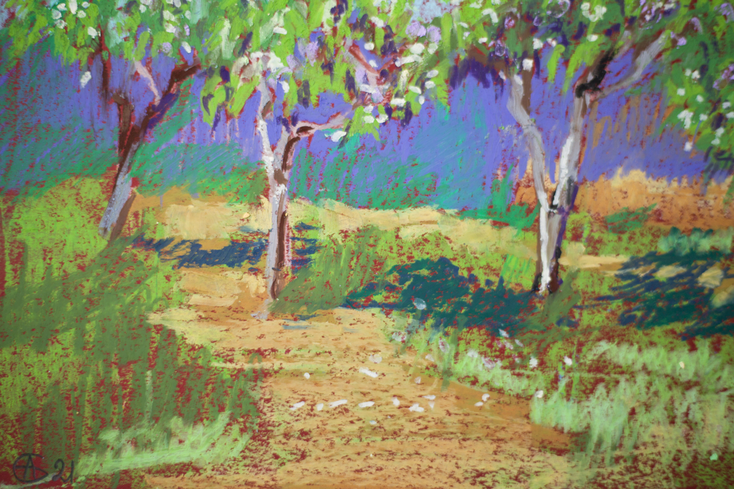 APPLE GARDEN. SUNNY URBAN NATURAL IMPRESSIONISTIC LANDSCAPE. MEDIUM SIZE OIL PASTEL IMPRESSIONISTIC INTERIOR PAINTING TRAVEL DECOR SPAIN MADRID | Pintura de Sasha Romm Art | Compra arte en Flecha.es