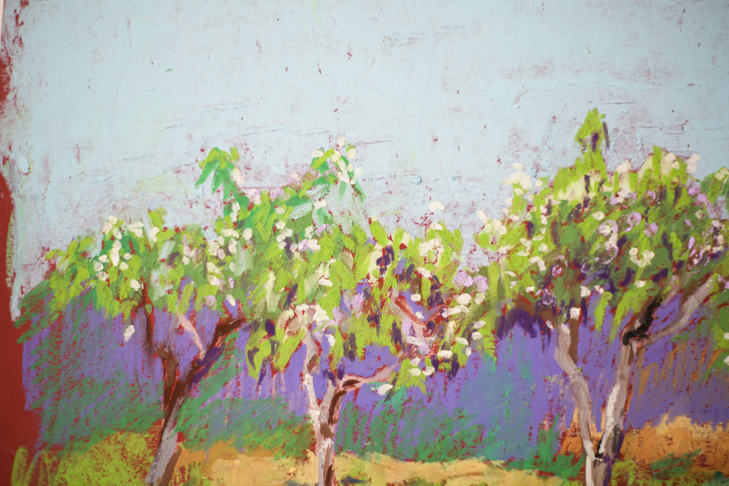 APPLE GARDEN. SUNNY URBAN NATURAL IMPRESSIONISTIC LANDSCAPE. MEDIUM SIZE OIL PASTEL IMPRESSIONISTIC INTERIOR PAINTING TRAVEL DECOR SPAIN MADRID | Pintura de Sasha Romm Art | Compra arte en Flecha.es