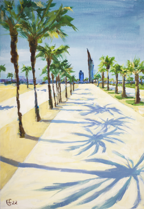 BARCELONA. WALK NEAR THE SEA. ORIGINAL ACRYLIC PAINTING PALMS SHADE CONTRAST |Dibujo de Sasha Romm Art | Compra arte en Flecha.es
