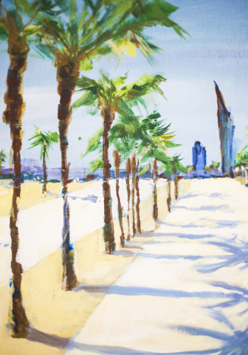 BARCELONA. WALK NEAR THE SEA. ORIGINAL ACRYLIC PAINTING PALMS SHADE CONTRAST | Dibujo de Sasha Romm Art | Compra arte en Flecha.es