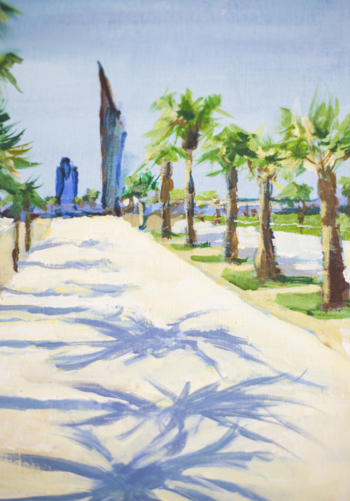 BARCELONA. WALK NEAR THE SEA. ORIGINAL ACRYLIC PAINTING PALMS SHADE CONTRAST | Dibujo de Sasha Romm Art | Compra arte en Flecha.es