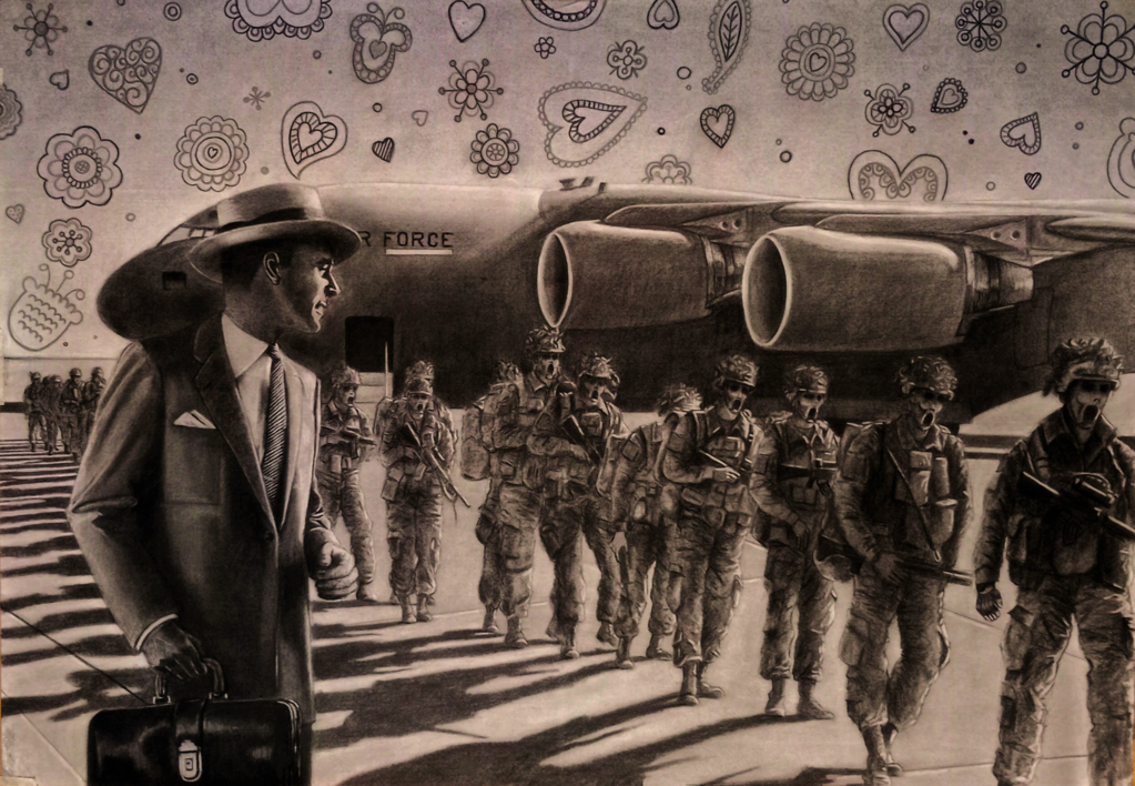"No queremos la paz, sino vencer. Es otro propósito bursátil más" |Dibujo de Fran Jiménez  (Âli Qasim) | Compra arte en Flecha.es