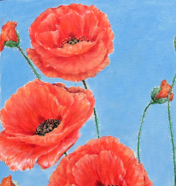 Amapolas sobre azul. | Pintura de Anastasia Woron | Compra arte en Flecha.es