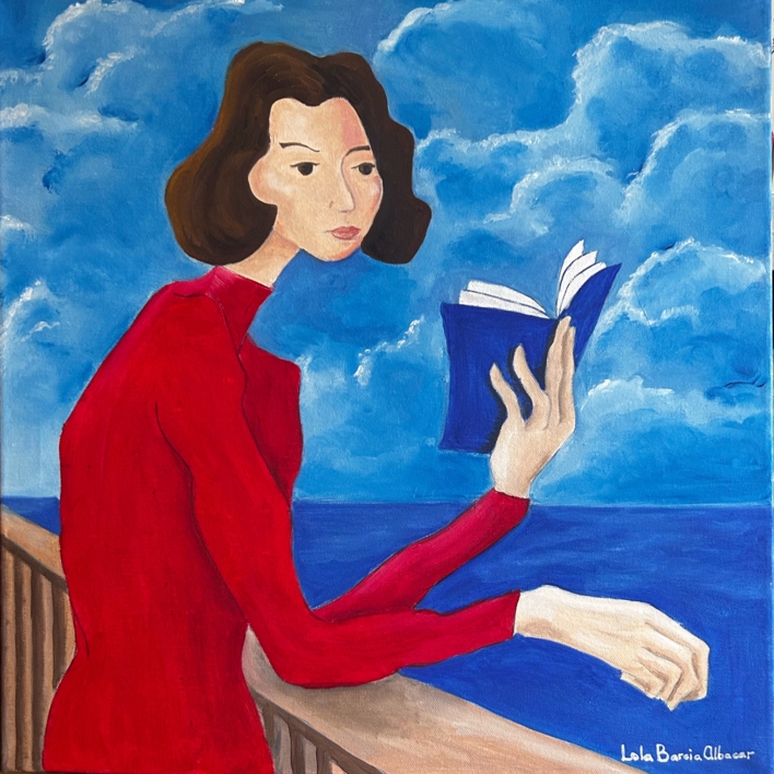 Mujer en rojo leyendo junto al mar |Pintura de Lola Barcia Albacar | Compra arte en Flecha.es