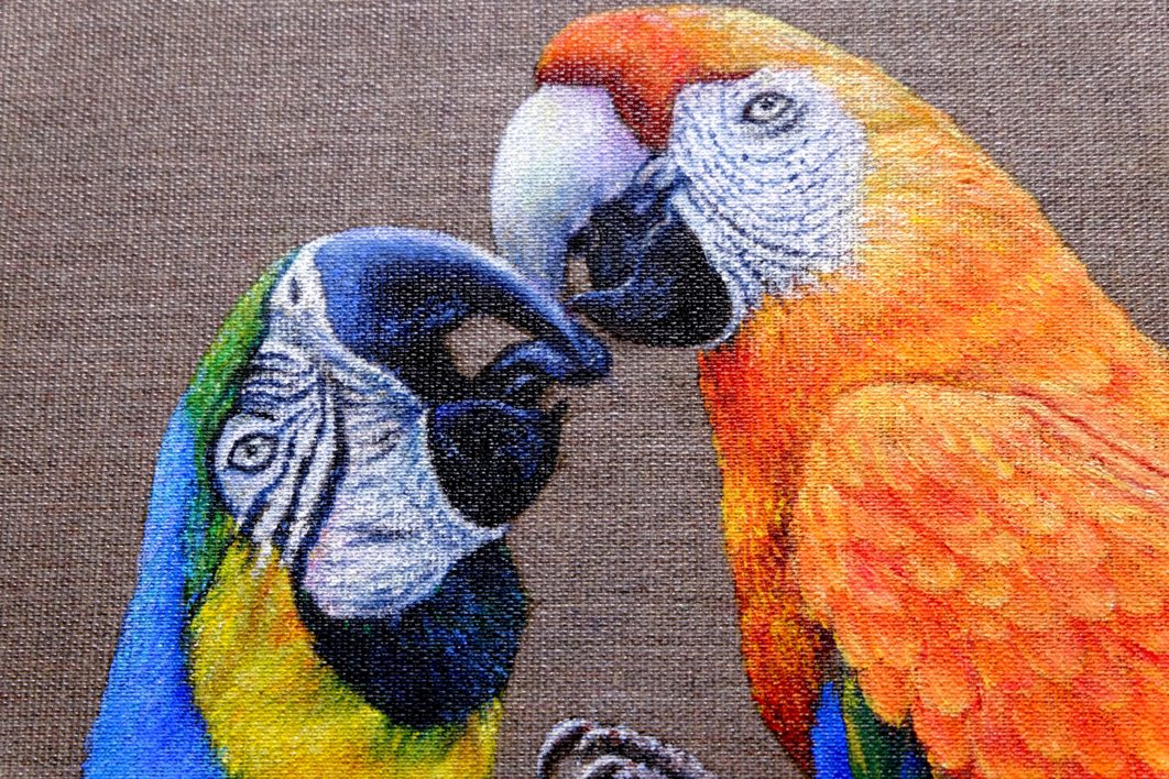 Dos Guacamayos Enamorados. | Pintura de Anastasia Woron | Compra arte en Flecha.es