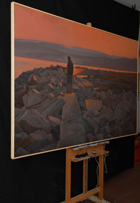 Atardecer en el rompeolas | Pintura de Álvarez Cebrián | Compra arte en Flecha.es
