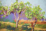 APPLE GARDEN. SUNNY URBAN NATURAL IMPRESSIONISTIC LANDSCAPE. MEDIUM SIZE OIL PASTEL IMPRESSIONISTIC INTERIOR PAINTING TRAVEL DECOR SPAIN MADRID | Pintura de Sasha Romm Art | Compra arte en Flecha.es
