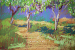 APPLE GARDEN. SUNNY URBAN NATURAL IMPRESSIONISTIC LANDSCAPE. MEDIUM SIZE OIL PASTEL IMPRESSIONISTIC INTERIOR PAINTING TRAVEL DECOR SPAIN MADRID | Pintura de Sasha Romm Art | Compra arte en Flecha.es