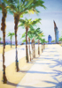BARCELONA. WALK NEAR THE SEA. ORIGINAL ACRYLIC PAINTING PALMS SHADE CONTRAST | Dibujo de Sasha Romm Art | Compra arte en Flecha.es